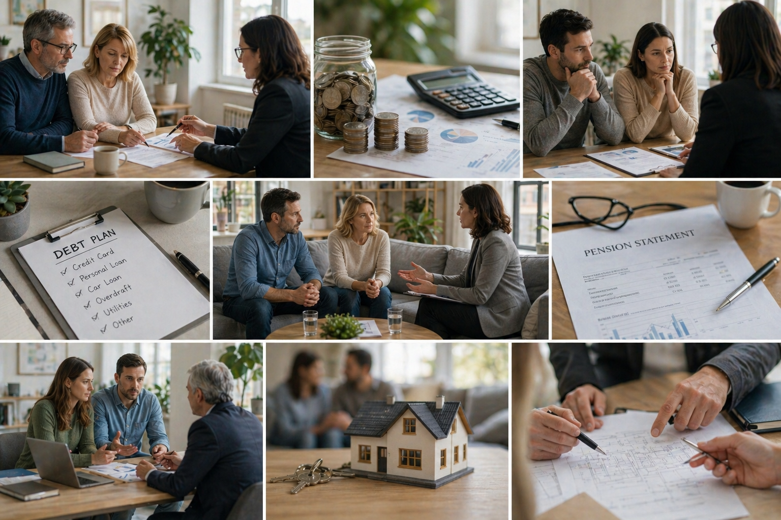 Illustration of a person sitting at a table with financial documents, while a mediator helps them organise their finances.